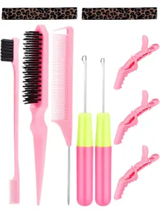 8pcs Hair Brushes Set with Topsy Hair Tail Tools, Bristle Teasing Brush, Edge Control Brush, Metal Pin Combs, Leopard Print Headband, Styling Hair Tools