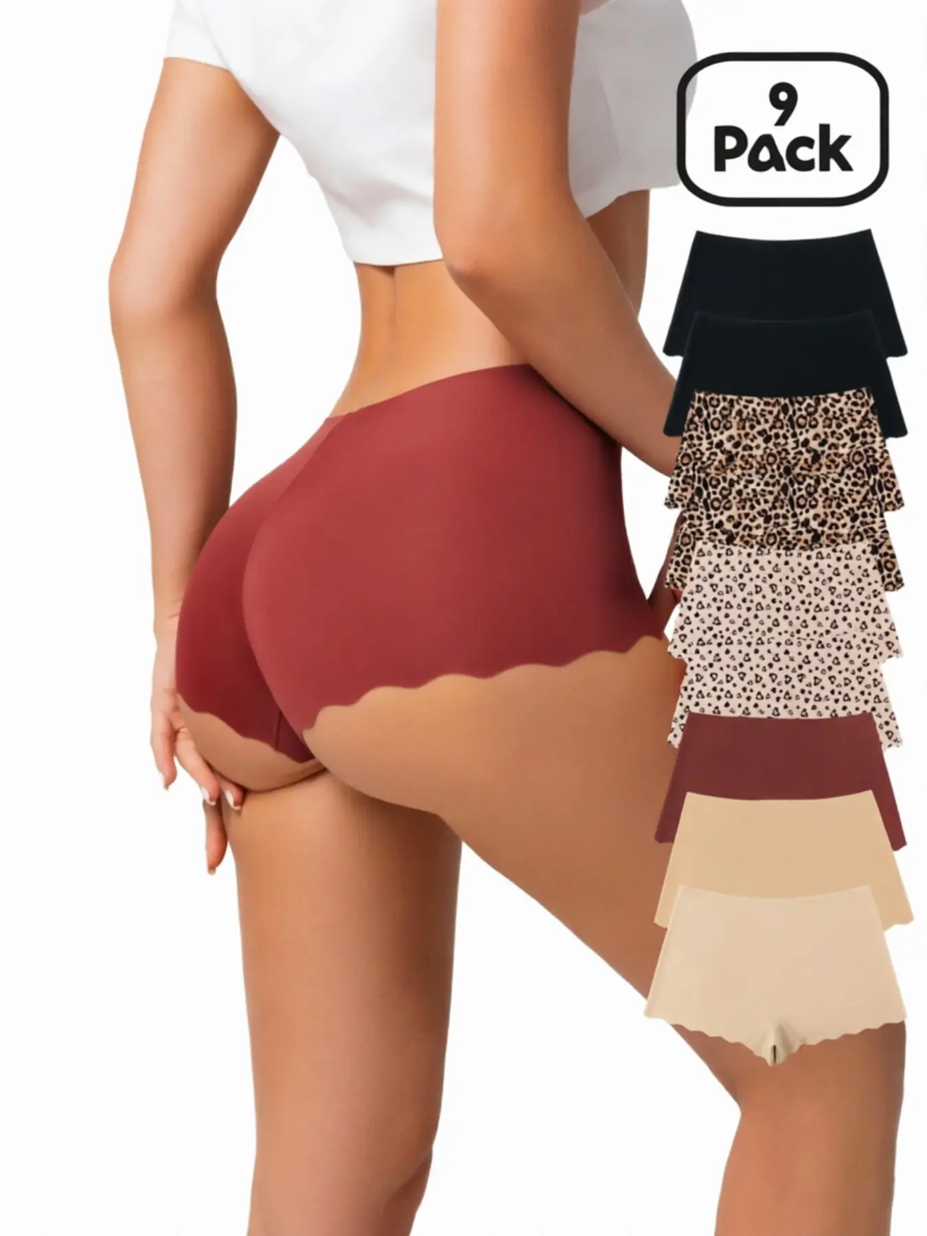 Women's Leopard Print Heart Pattern Underwear, Slim-Fitting Sporty Yoga Panties, Breathable Knickers All-Seasons Pack of 9