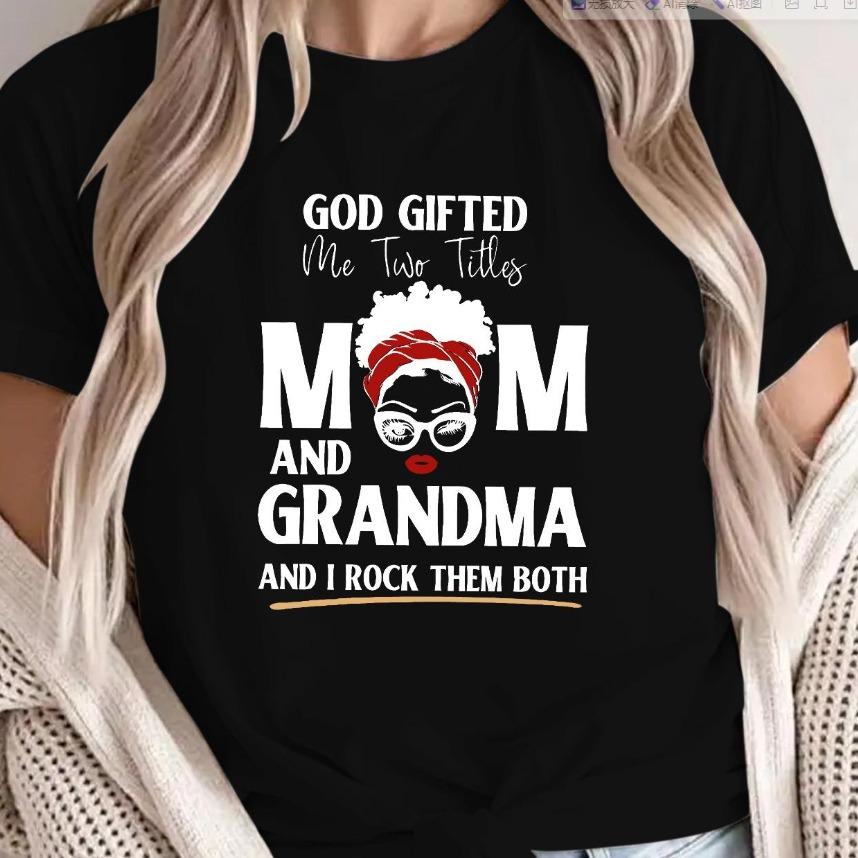 Women'S Casual Crew Neck T-Shirt with "God Gifted Me Two Titles Mom and Grandma" Letter Print, Cotton Knit Fabric, Short Sleeve Top for All Seasons - 180gsm Printed Womenswear
