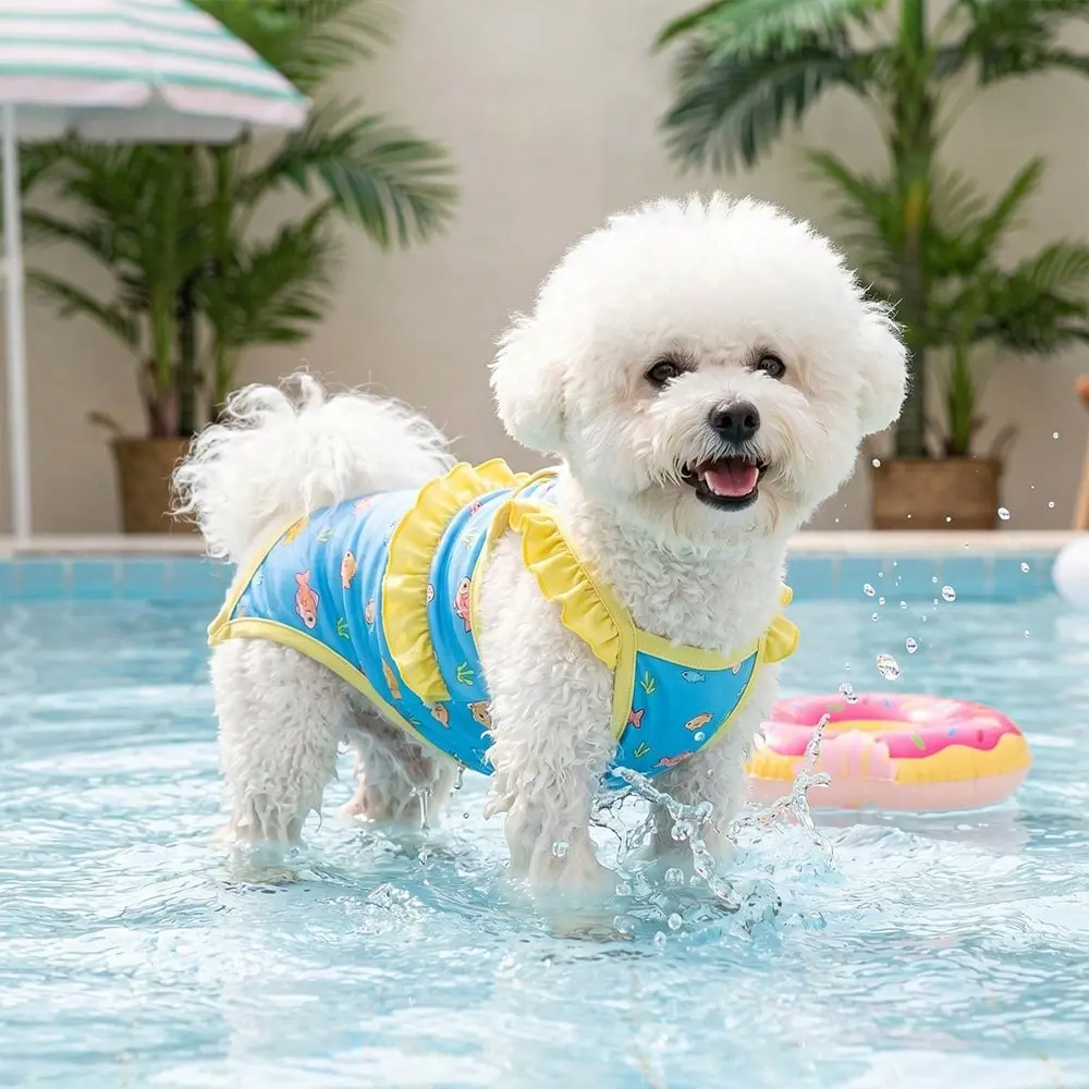 1pc Dog Bikini Pet Swimsuit, Sun-Protective Cooling Summer Outfit, Cute Ruffled Pet Swimwear for Puppy Bichons & Small Breeds, Outdoor Water & Beach Accessory