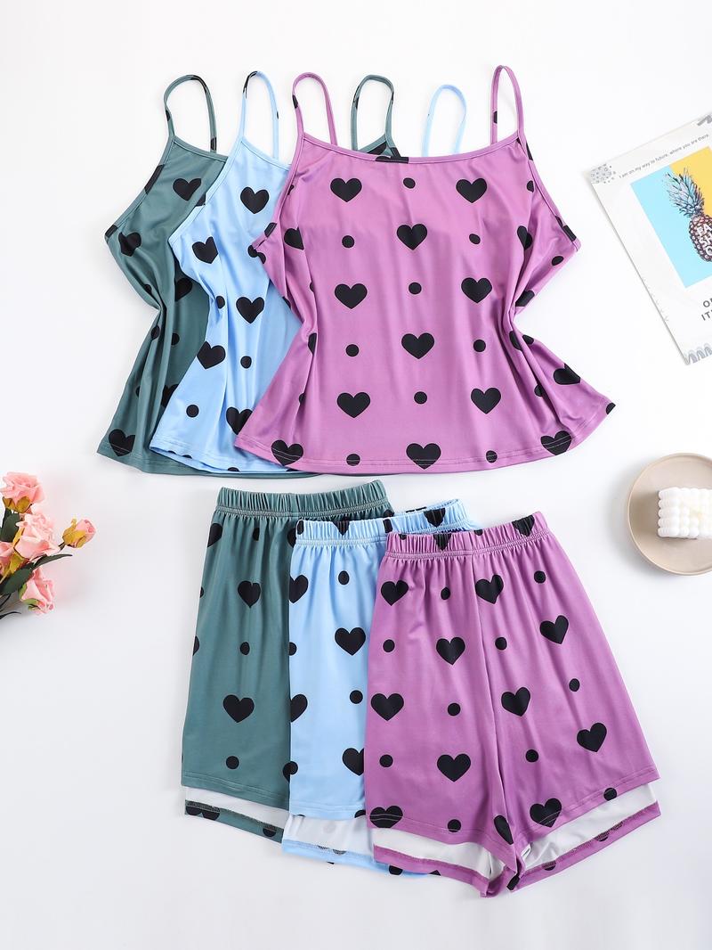 Plus Size Heart Print Elastic Waist Pyjama Set, Casual Sleeveless Spaghetti Strap Top & Shorts PJ Set, Women's Sleepwear for All Seasons