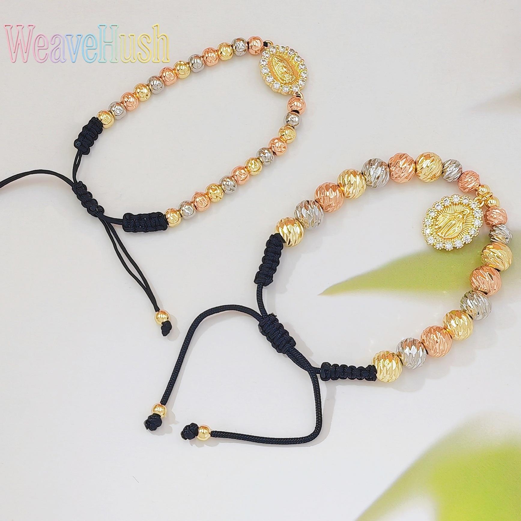 Tricolor Gold Virgin Mary Braided Bracelet, 18K Gold Plated Religious Beaded Adjustable Hand Rope, Catholic Faith Jewelry for Women, Vintage Inspired Spiritual Charm Bracelet, Perfect for Daily Wear, Prayer, Church & Sentimental Religious Gifting