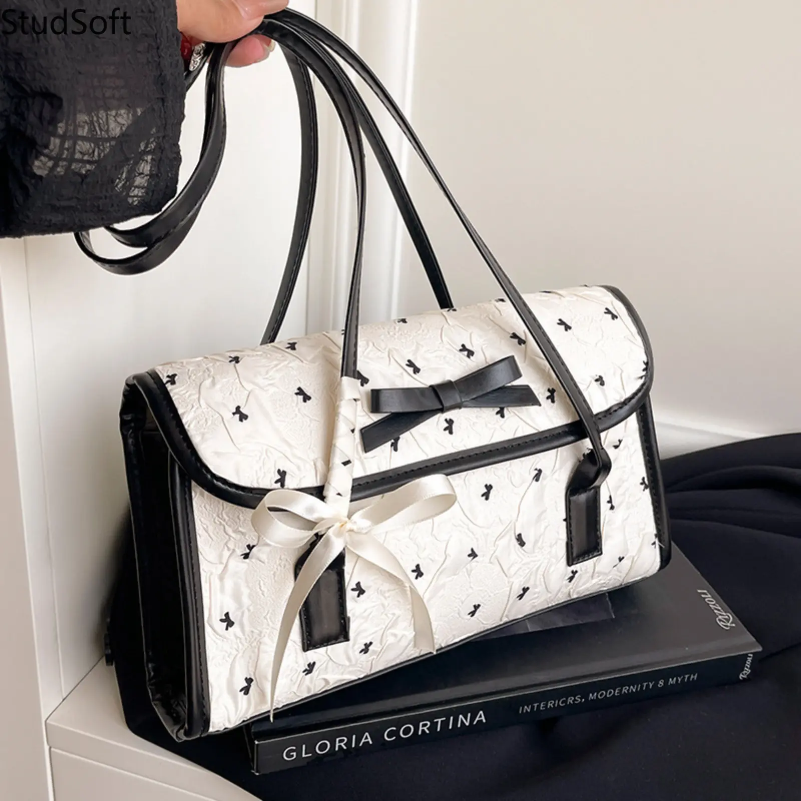 White Shoulder Bag Quilted Bow Embroidered Underarm Purse Faux Leather Flap Bag Korean Ins Puffer Handbag Coquette Style School Daily,back to school,back to school haul