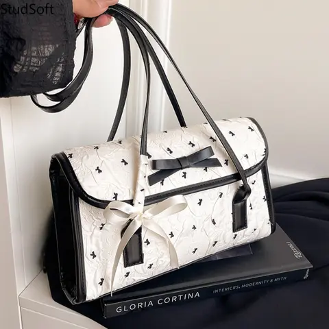 White Shoulder Bag Quilted Bow Embroidered Underarm Purse Faux Leather Flap Bag Korean Ins Puffer Handbag Coquette Style School Daily,sohochic