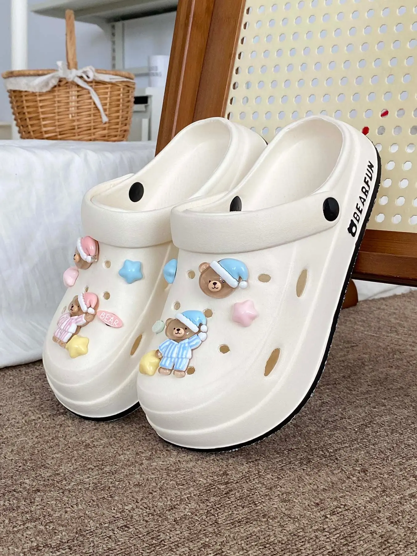 2026 New Soft Cute Girl Style Slip-On Shoes, Blue Pajama Bear Macaron Star Accessories, DIY Cool Sandals for Women