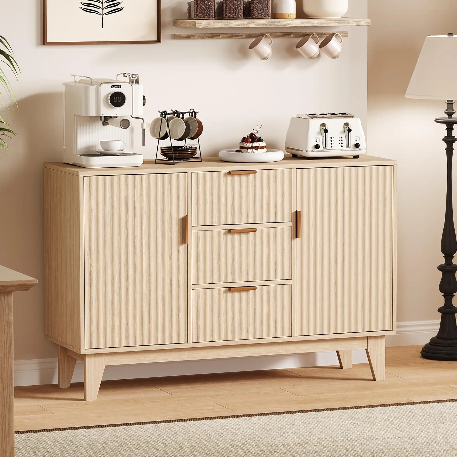 Garvee 47.2" Fluted Buffet Cabinet with Mid-Century Design, Featuring 2 Waveform Doors, Gold Handles, 3 Drawers, Adjustable Shelves, and Coffee Bar Functionality for Living Room or Kitchen in Oak Finish