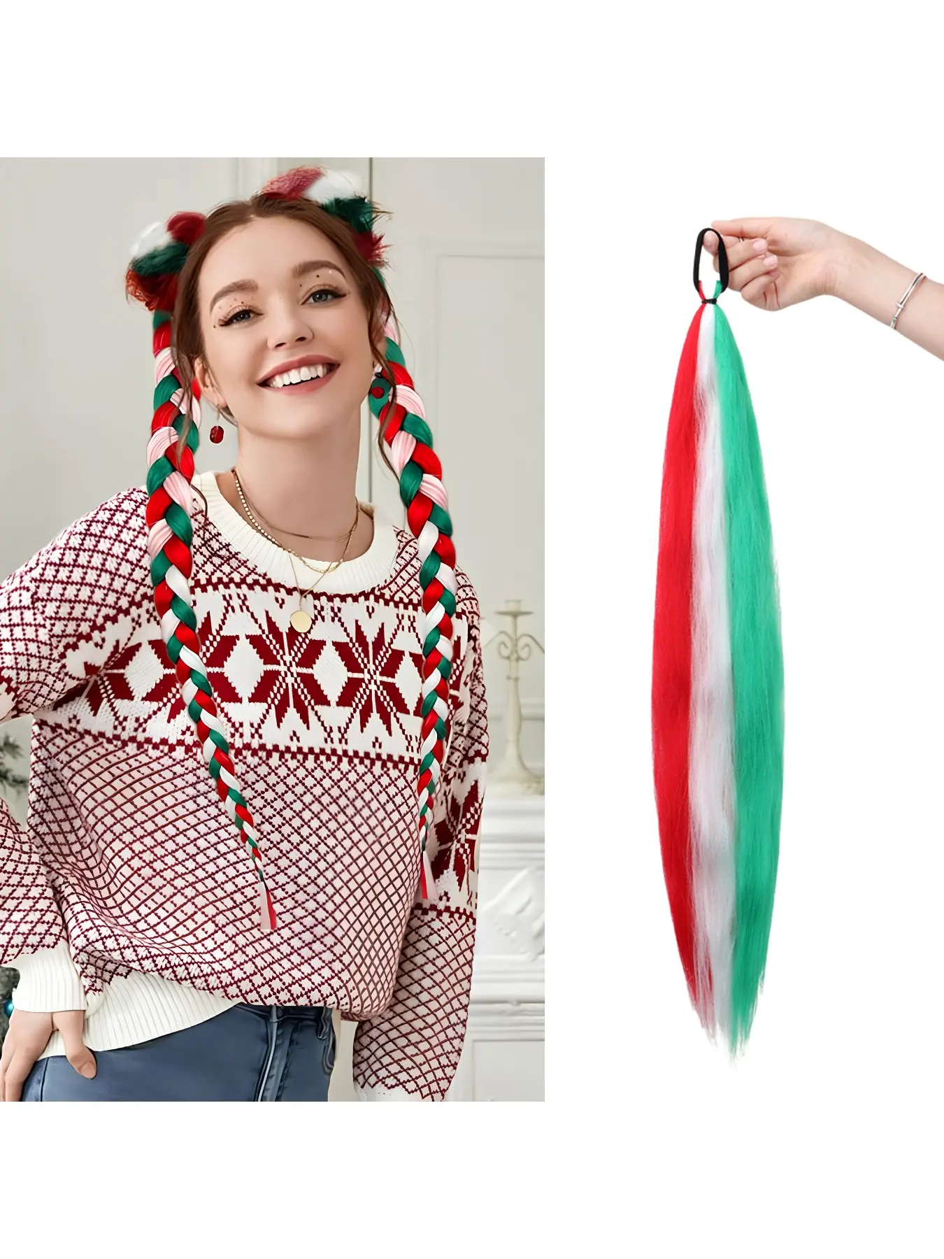 26 inch 3-color ponytail tie, made of red, white, and green synthetic fibers with elastic headband, a lightweight and energetic ready-made braid suitable for girls' Christmas, Halloween, role-playing parties, holiday hairstyles