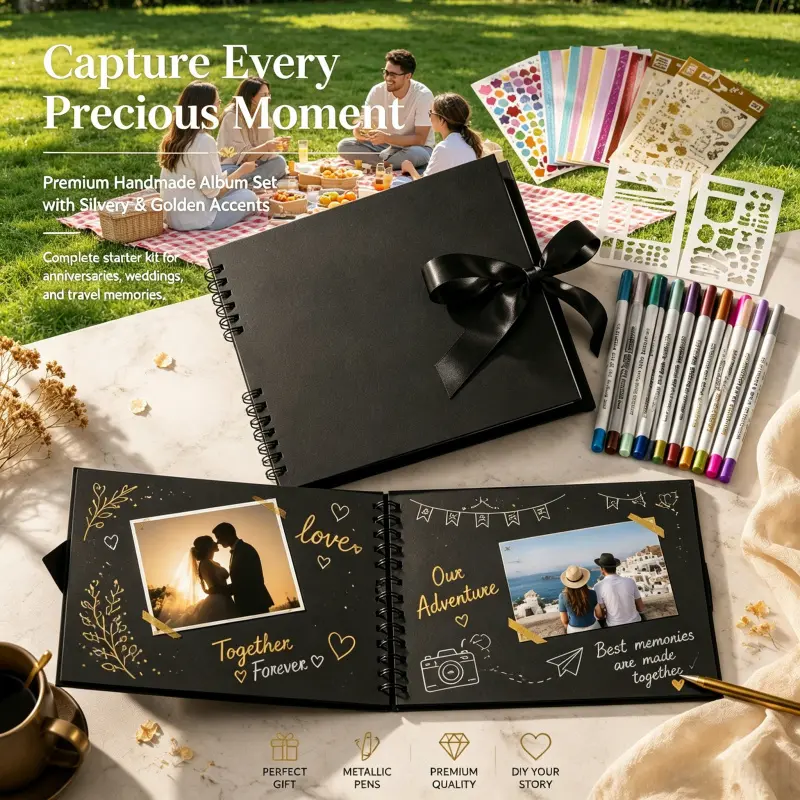 Multi Occasion DIY Memory Scrapbook Album Kit Blank Black Pages Complete Decor Supplies Markers Stickers Stencils For Wedding Birthday Travel