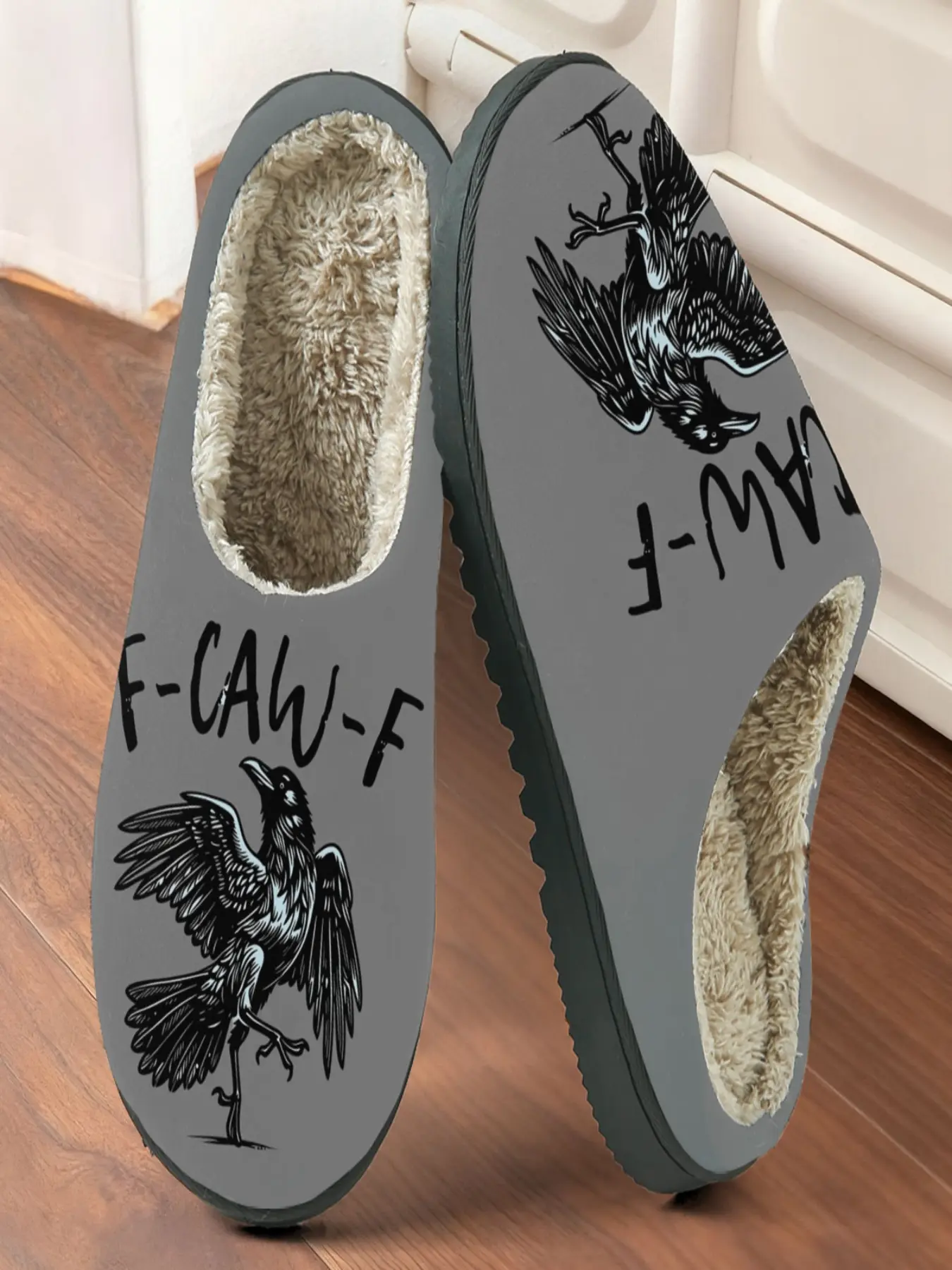 Street-Ready Crow CAW Funny Home Plush Slippers 1 Pair, Dark Funny Cool Style, Faux Fur Lining + Fleece-Lined Warmth + Platform Cushioning, Dark Funny Enthusiasts & Home Lovers for Home Foot Warmth + Stylish Daily Outfits, Winter Must-Have!