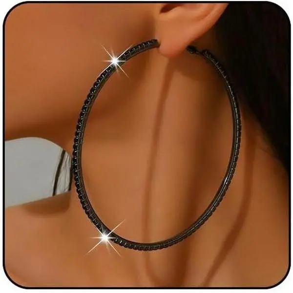 Large  Rhinestone Hoop Earrings Big Sparkly  Hoops Earrings Black Statement Earrings for Women Bling Chunky Hoops 50/60/70/80mm Trendy Prom Wedding Chunky