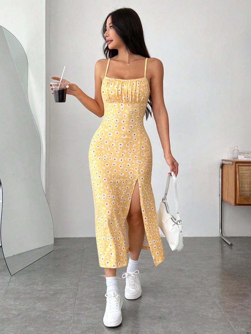 Pastel Dresses Summer Slit Strap Spaghetti Knit EZwear tiktok Printed Hem Vacation Dress For Women