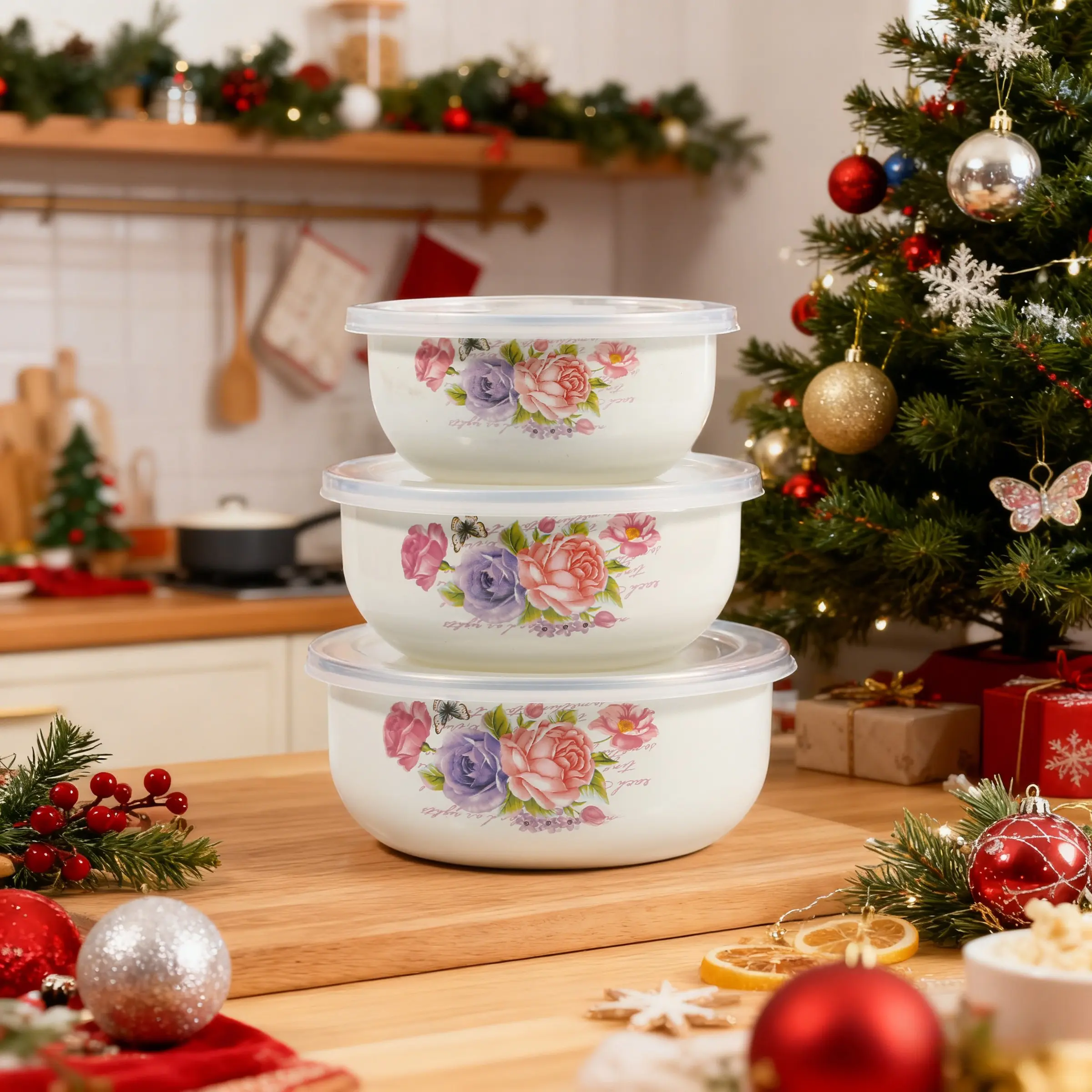 3pcs Christmas Ceramic Covered Storage Bowls, Food Preservation Containers, Portable Lunch Boxes, Salad Mixing Bowls, Kitchen Essentials, Gift Ideas