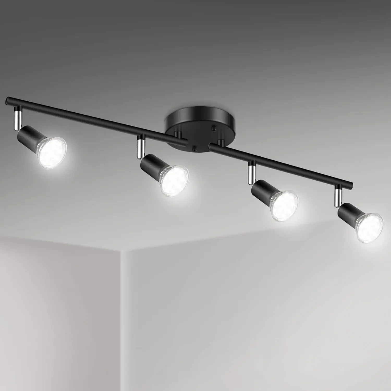LED 4 Light Track Lighting Kit, 24.8'' Black 4 Way Ceiling Spot Lighting, Flexibly Rotatable Head, Track Light Included 4 x LED GU10 Bulb (4W, Daylight White 5000K, 400LM)