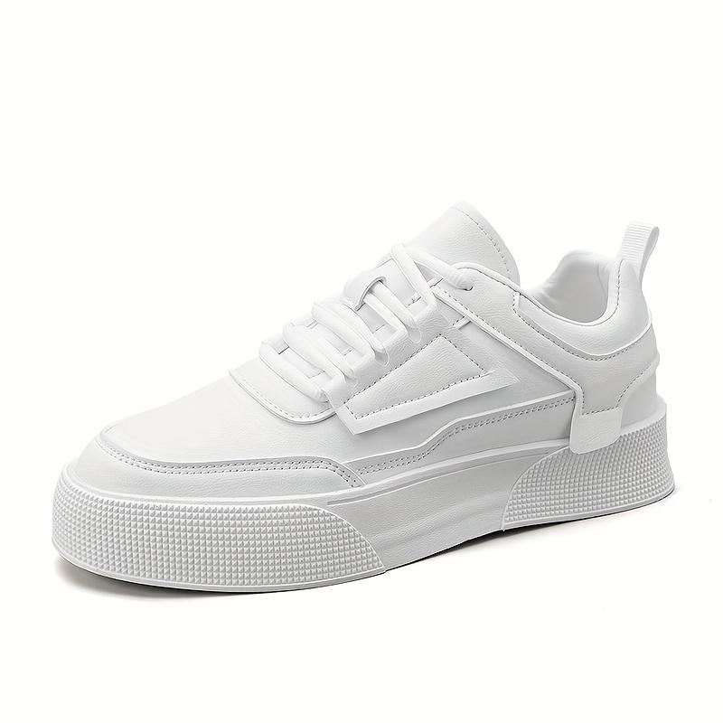 [Everyday Sneakers] Men's Classic White Casual Sneakers - Stylish Low-Top Lace-Up Shoes with Durable PU Upper & Sole, Comfortable Fabric Insole for Casual Attire