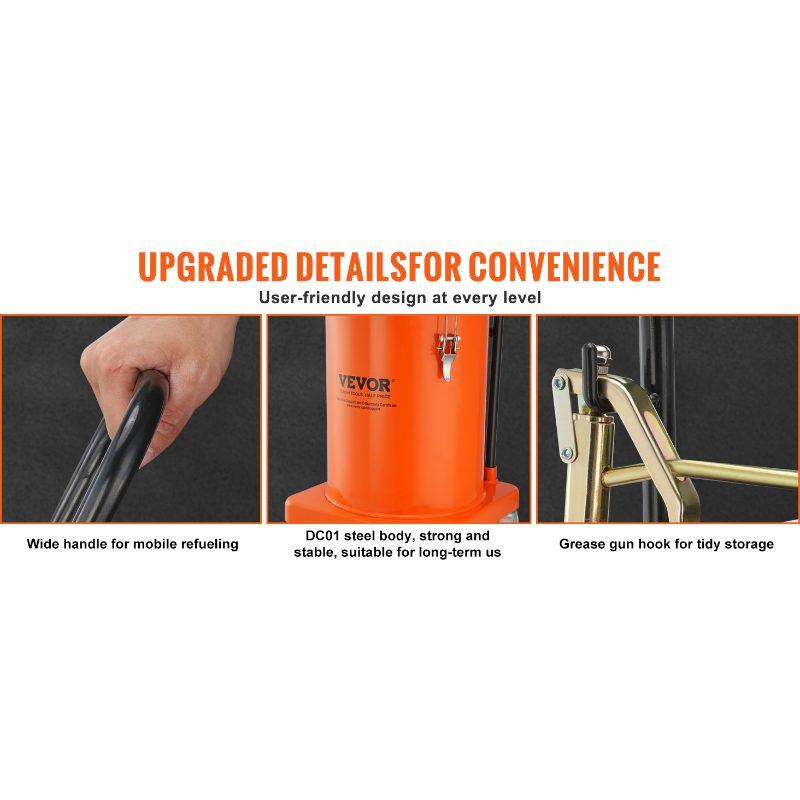 VEVOR Grease Pump, 5 Gallon 20L, Air Operated Grease Pump with 13 ft High Pressure Hose and Grease Gun, Pneumatic Grease Bucket Pump with Wheels, Portable Lubrication Grease Pump 50: 1 Pressure Ratio