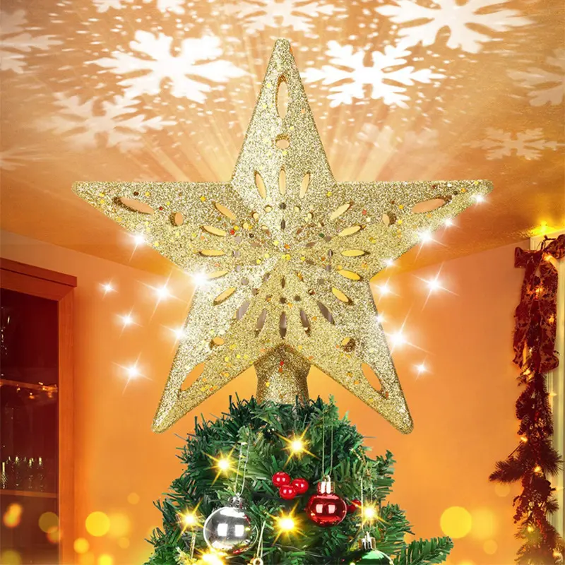 Lighted Christmas Tree Topper, Glitter Star & Snowflake Projector Tree Topper with Holiday Slides, Gold & Silver Xmas Tree Decor,Suitable for holiday home decoration and indoor/outdoor decoration,Christmas tree decoration