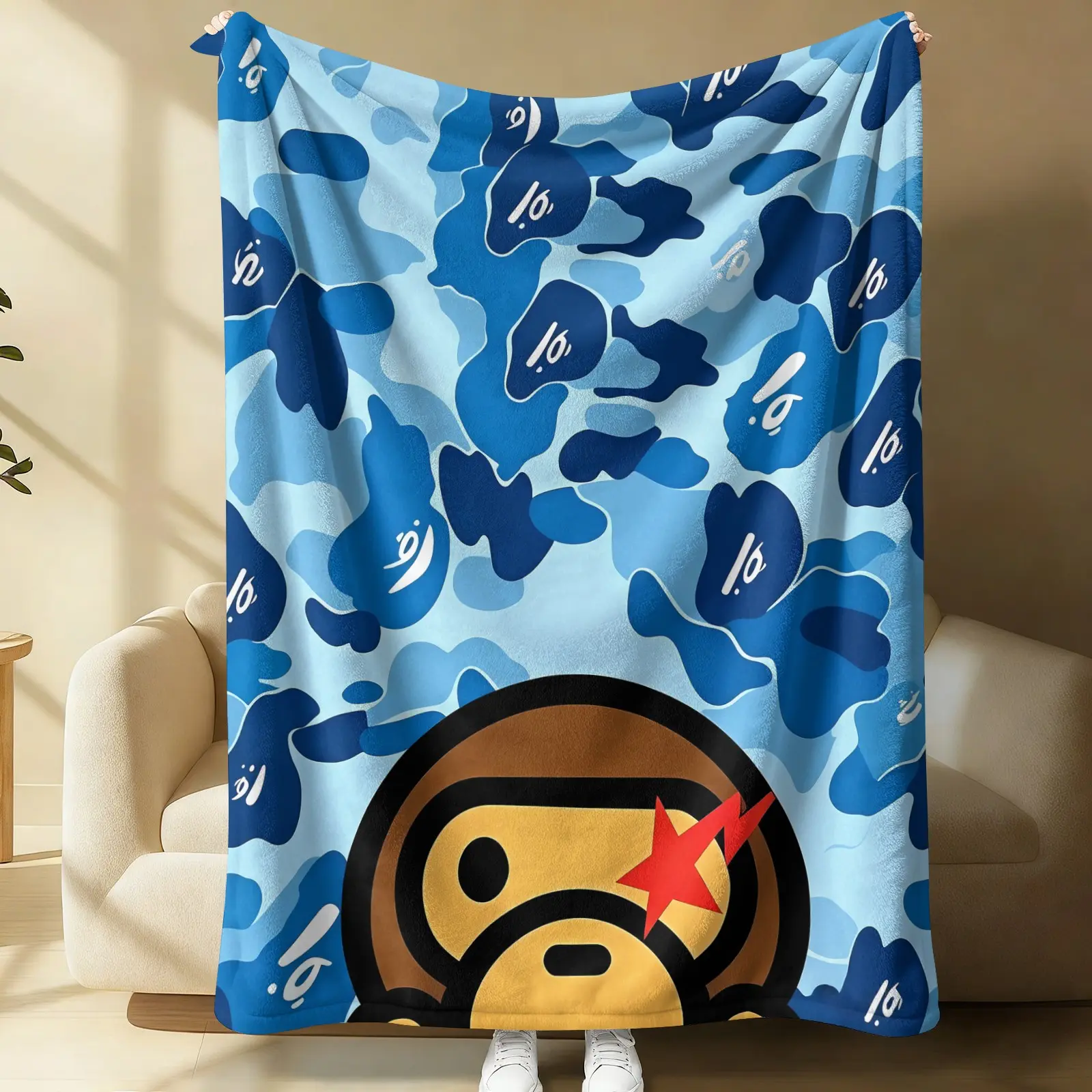 Blue Camouflage Cartoon Ape Red Star Lightning Bolts Flannel Blanket, Soft and Lightweight Durable, Ideal for Bedroom Dorm Gaming Room Decor, Sofa Throw Cover, Office Nap Mat, Car Cover Blanket and Cool Gift