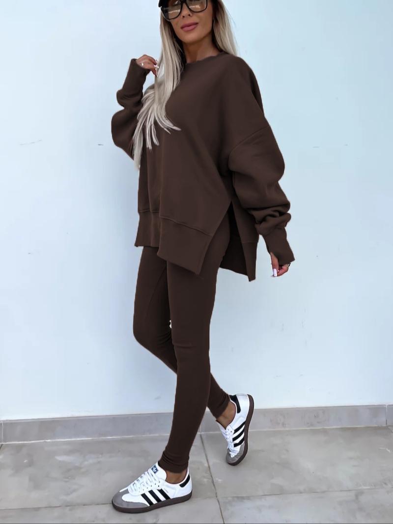 Women's Solid Sweatshirt & Skinny Pants Two-piece Set, Casual Fashion Cozy Round Neck Long Sleeve Pullover & Trousers for Daily Outdoor Wear, Ladies Spring & Fall Clothes