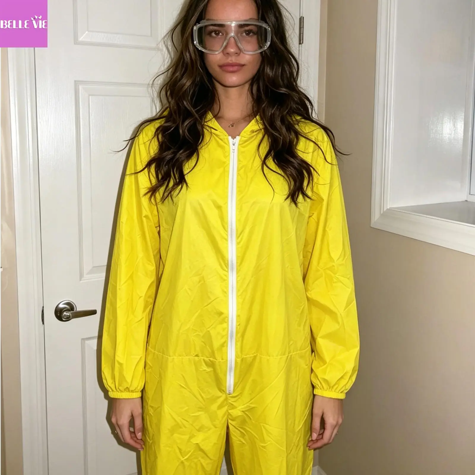Lady's Breaking Bad Inspired Polyester Hazmat Suit Costume, Full-Zip Hooded Long-Sleeve Jumpsuit, Simple Solid Clothes for Halloween Cosplay Party