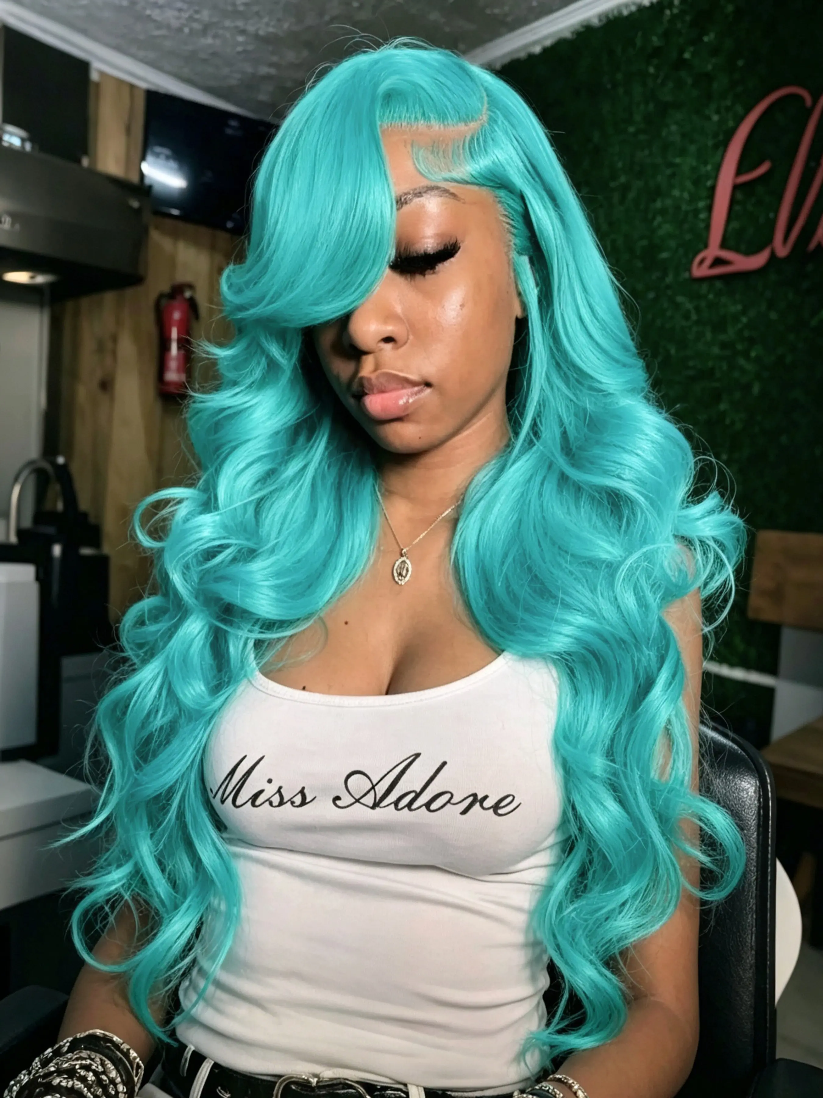 Mint Blue Body Wave Wig 13x4 Lace Front Wig Soft HD Transparent Lace Wig Pre-Plucked Hairline Heat Resistant Synthetic Wig Teal Wavy Wig Lace Frontal Wigs for Women Parties Cosplay Stage 28 Inches