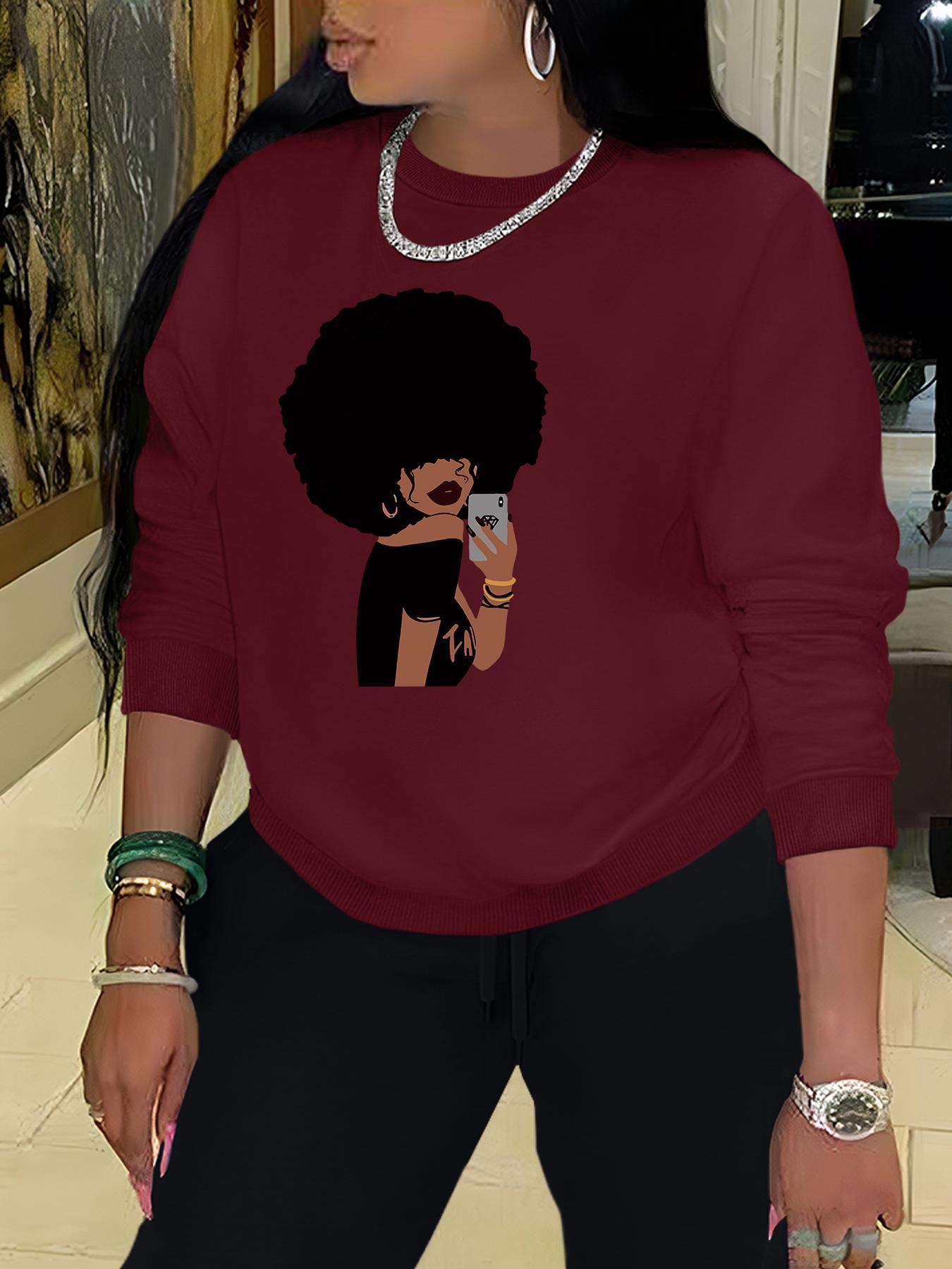 Women's Letter & Afro Girl Print Crew Neck Sweatshirt, Casual Long Sleeve Pullover for Fall & Winter, Women's  Clothes for Daily Wear