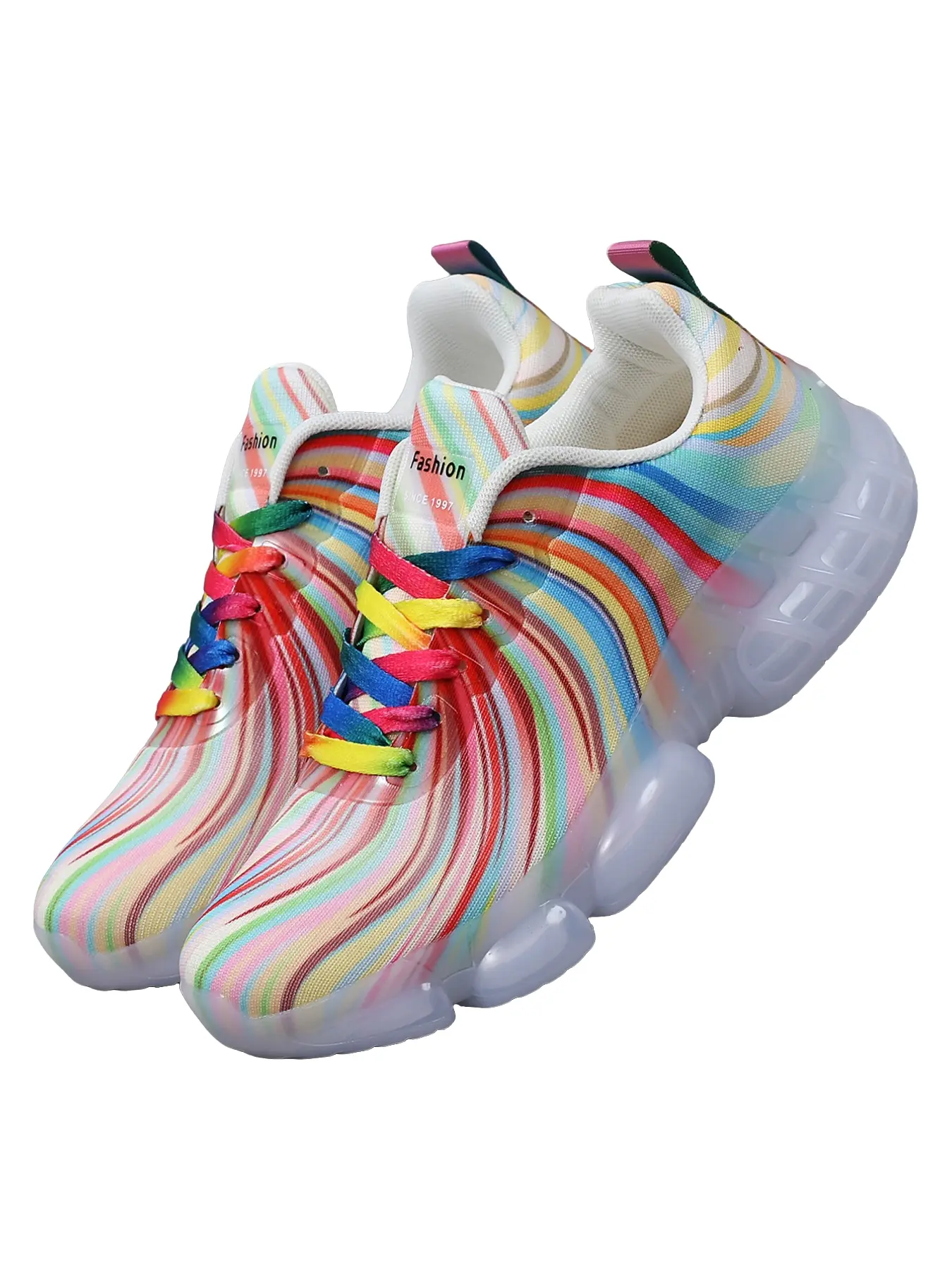 Men's Low Top Outdoor Sports Shoes, Colorful Rainbow Swirl Upper, Transparent Bubble Sole, Casual Sporty Sneakers, All Seasons