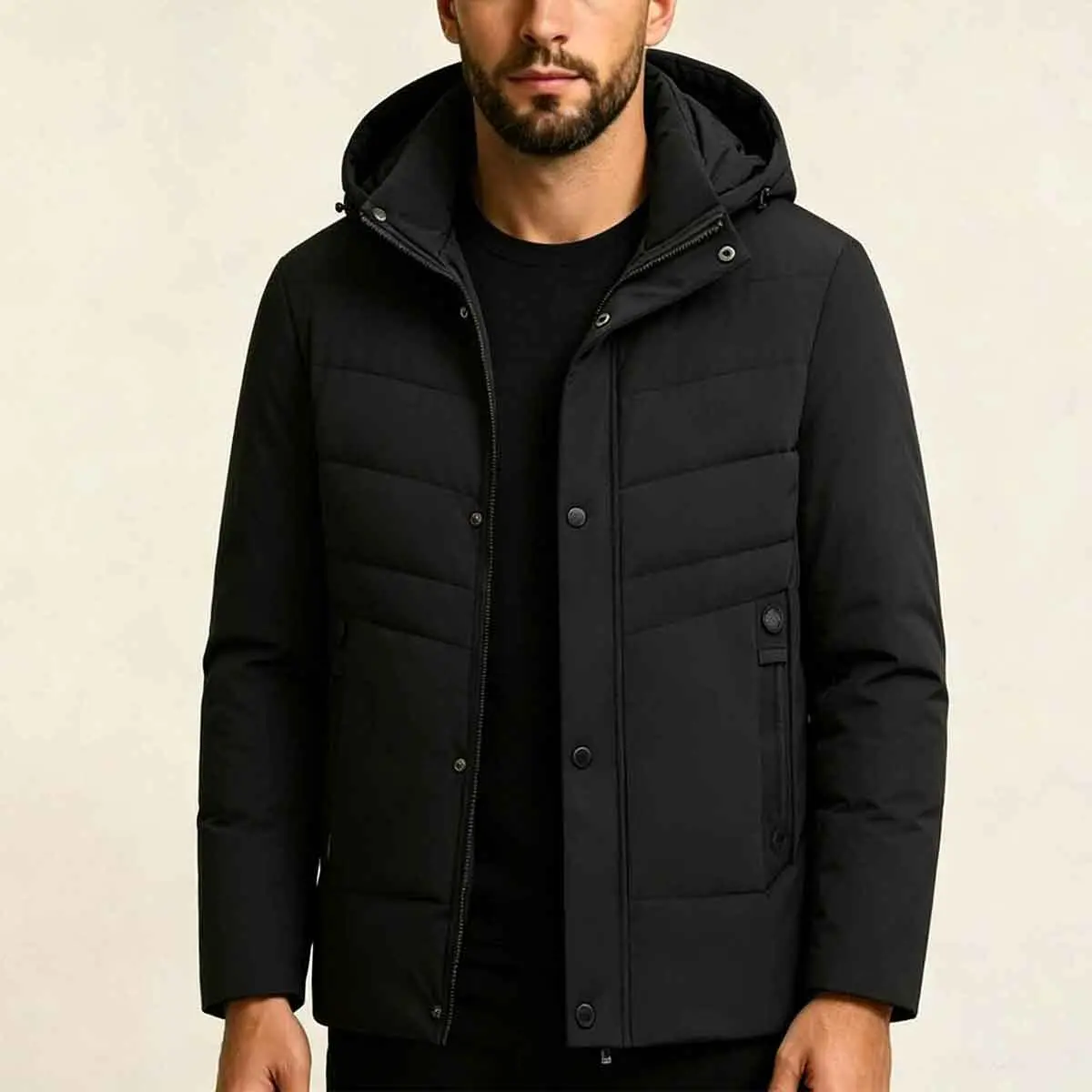 Men's Medium-Length Plain Fitted Cut Winter Polyester Shell Parka - Fluffy Hooded Jacket with Zipper & Snap Lining, Windproof Thick Warm Outer Layer, Adjustable Hood, Decorative Side Pockets, Cold Machine Wash, for Daily Commuting
