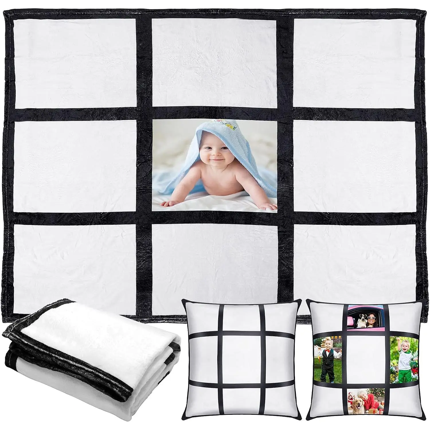 1 Pack Sublimation Blanket Blanks 60"x50" Flannel Throw Blankets for Heat Press and 2 count Blank Pillow Cases Personalized Custom Photo Blanket with 9 Printable Panels Blankets Pillow Cover