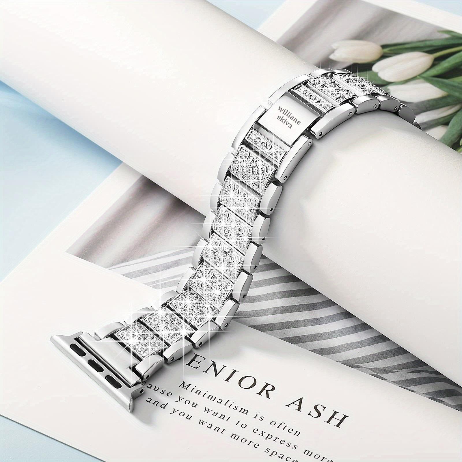 Bling Rhinestone Apple Watch Band – Three-Bead Metal Bracelet Strap for Women, Luxury Dressy Jewelry Style, Compatible with 38–49mm Series 1–11, SE, Ultra