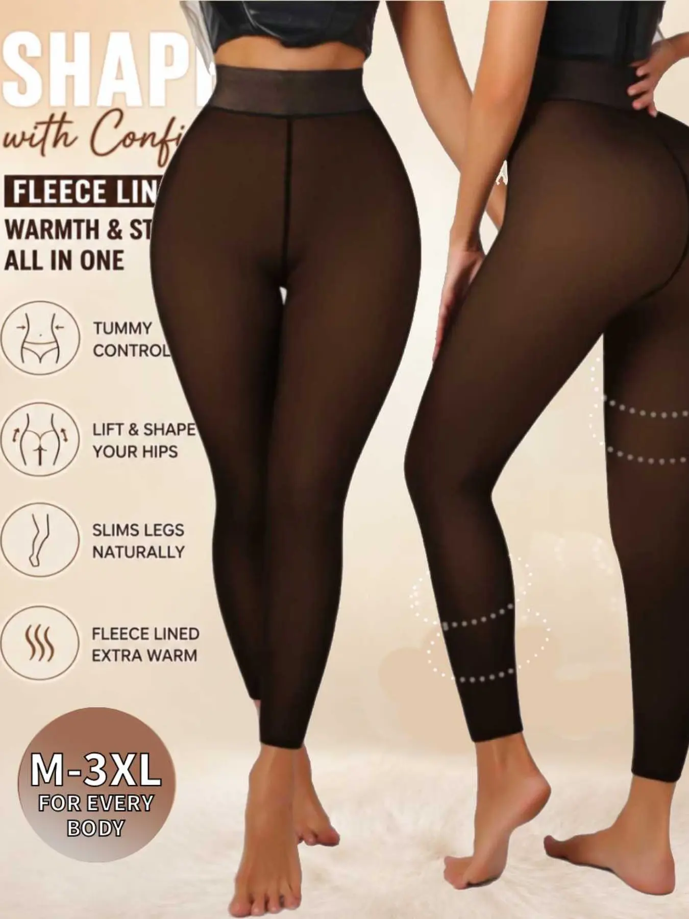 200g Fleece-Lined Women's 3/4 Length Tights for Fall and Winter, Transparent Elastic Slim Fit Pants with Stylish Horsehoe Design, Comfortable Warmth for 5-15°c, Perfect for Christmas and Halloween