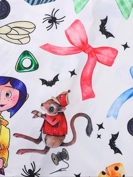 2 pieces of women's Halloween blue hair girl bow, black cat, mouse, bat, spider print, long sleeved pants, pajamas set, top pocket suitable for all seasons, comfortable, energetic, elegant and casual home wear