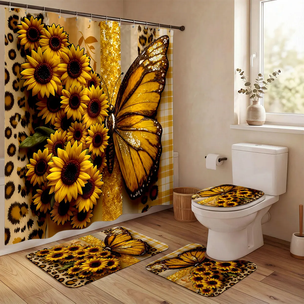 Sunflower Butterfly Shower Curtain Set – Leopard Print Plaid Glitter Yellow Floral Bathroom Decor for Summer Solstice, Harvest Festival & Thanksgiving Vibes