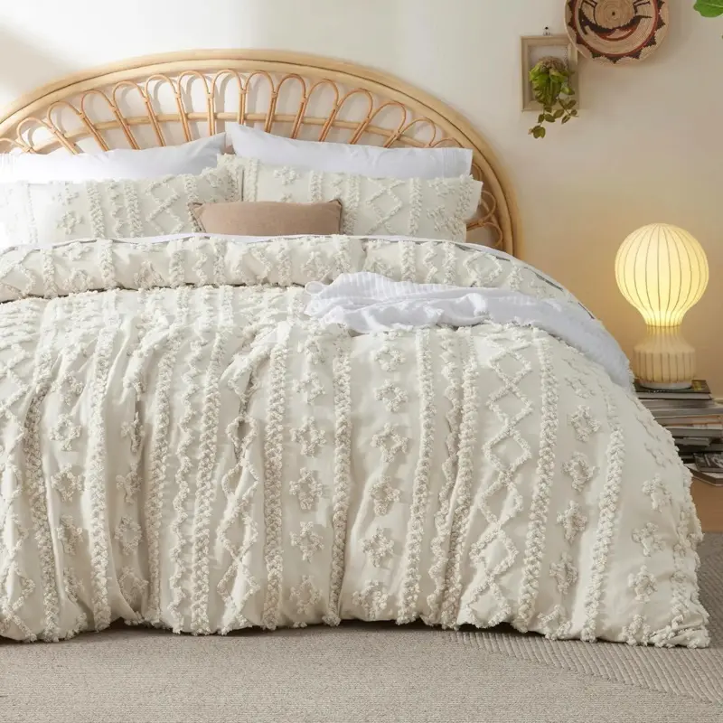 Full Size Boho Duvet Cover (80"x90") - 1 Duvet Cover, Modern, Breathable, Durable, Fade-Resistant Tufted Bedding with 3 Embroidery Details, All-Season Boho Bedroom Use, Tumble Dry Low, Comforter Not Included (Beige)