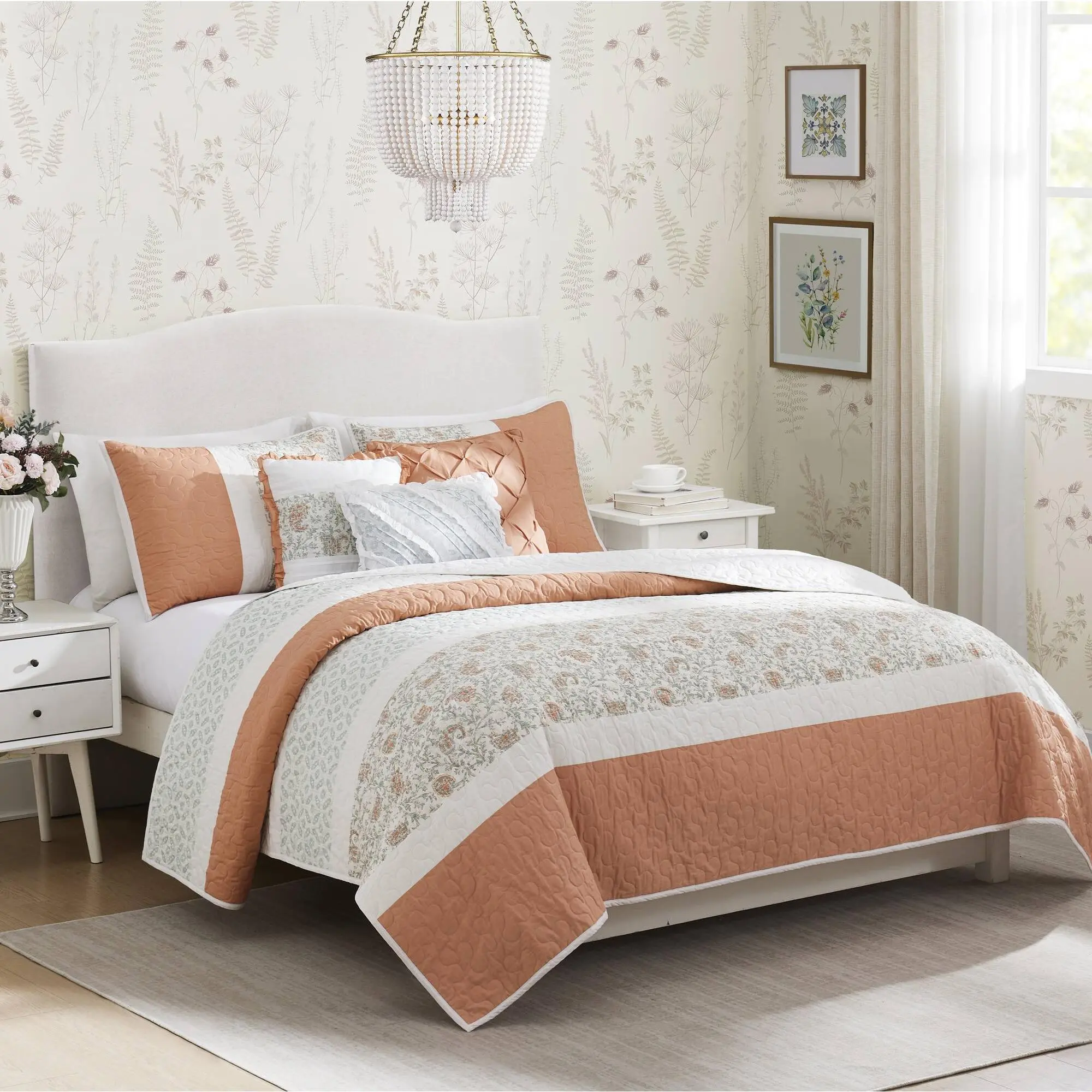 Nokaa King Size 6-Piece Cotton Percale Bedding Set Pack with Decorative Pillows, Coral - Reversible, Oeko-Tex Certified, Machine Washable, Bed Bedding