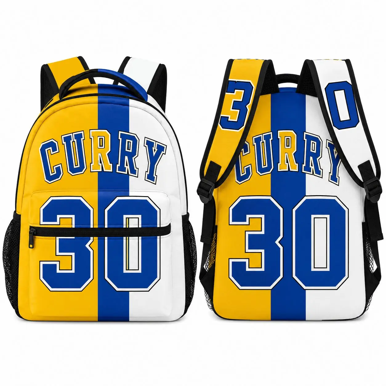 Yellow Blue Number 30 Basketball Backpack for Kids Teens, Varsity Jersey Style School Bookbag with Front Zipper Pocket, Dual Mesh Side Pockets and Top Handle, Sporty Student Daypack for Boys Girls, Back to School, Classroom, Travel and Everyday Use