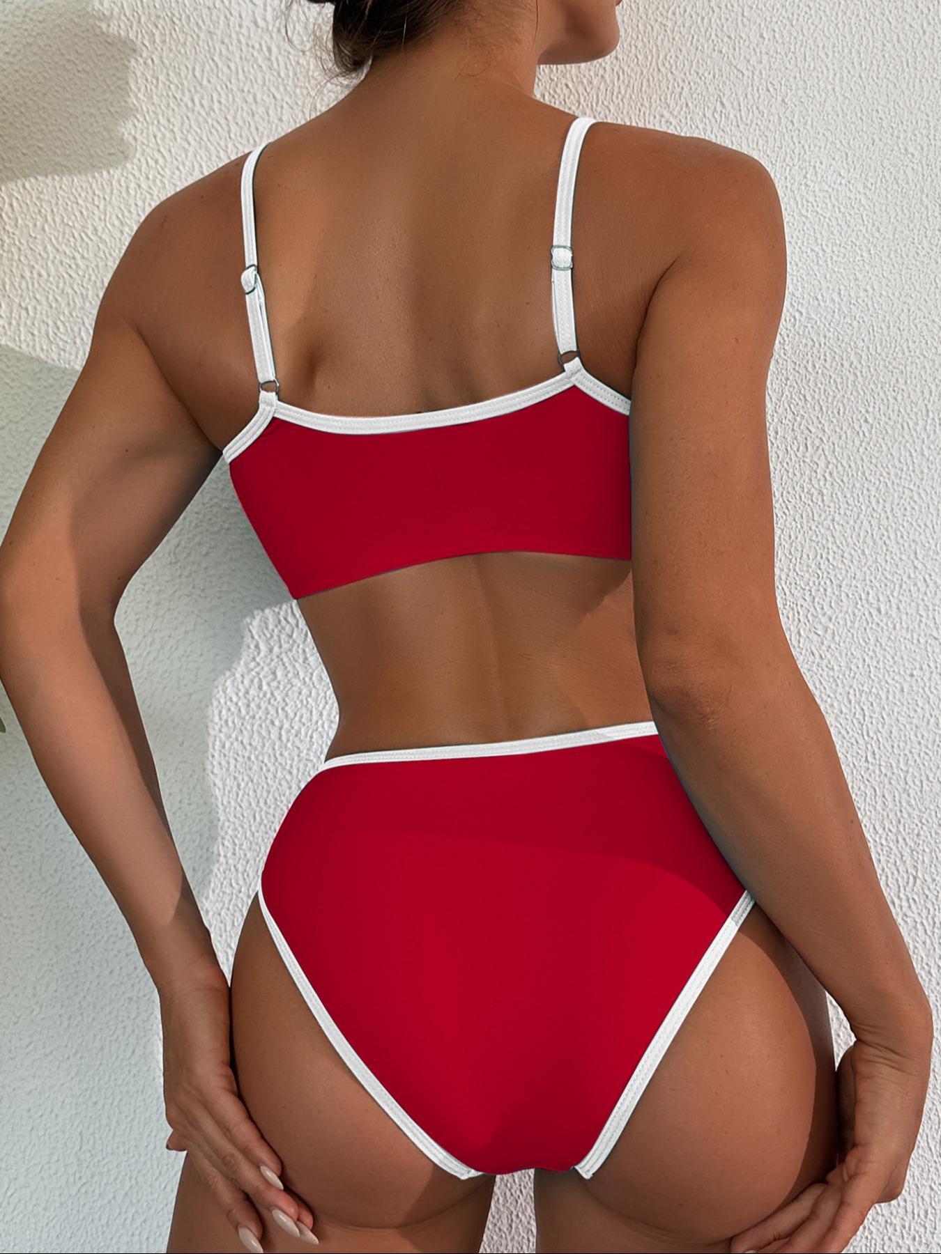 Two-piece Set Women's Solid Color Bikini Set, Casual Adjustable Strap Swim Top & High Cut Swim Bottom, Two-piece Swimsuit for Beach Holiday Vacation, High Waist Swimsuit, High Waisted Swimsuit