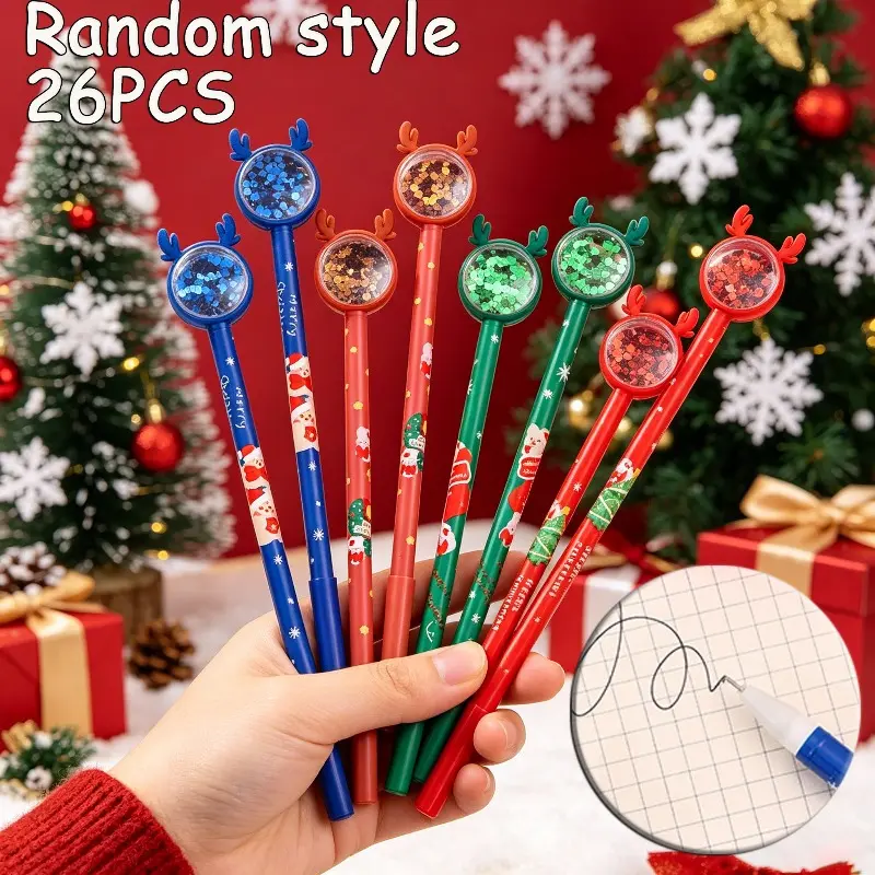 26Pcs Christmas Retractable Ballpoint Pens, Random Assorted Pack, Multi-Color Barrel with Reindeer Antler Top Filled with Glitter Sequins & Xmas Printed Pattern, for Christmas Holiday Gift Fillers