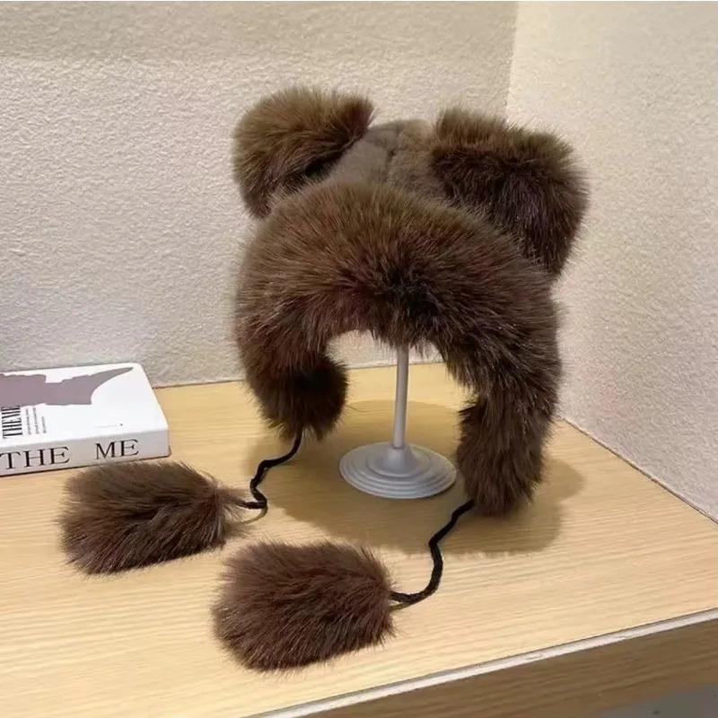 Winter  New Women's Plush Cute Bear Ear Hat ,Thicken and Warm Ear Protection Wind and Snow Hat  Plush Little Bear Lei Feng Hat