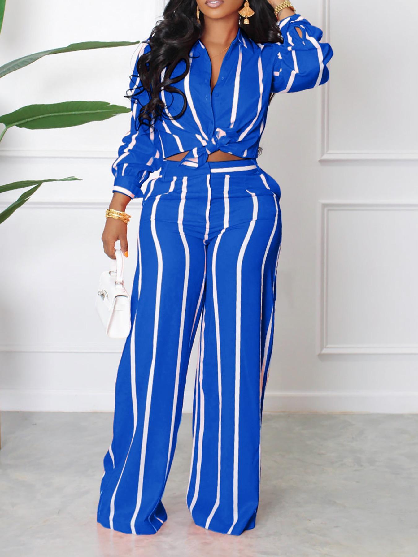 Women's Striped Print Button Front Shirt & Wide Leg Pants, Chic Elegant Casual Fitted Long Sleeve Collared Shirt & Trousers Set for Fall, Ladies Formal Clothes for Work Office Daily Wear, Two Piece Set Women, Casual Summer Set, Suits, Casual Fashion Set
