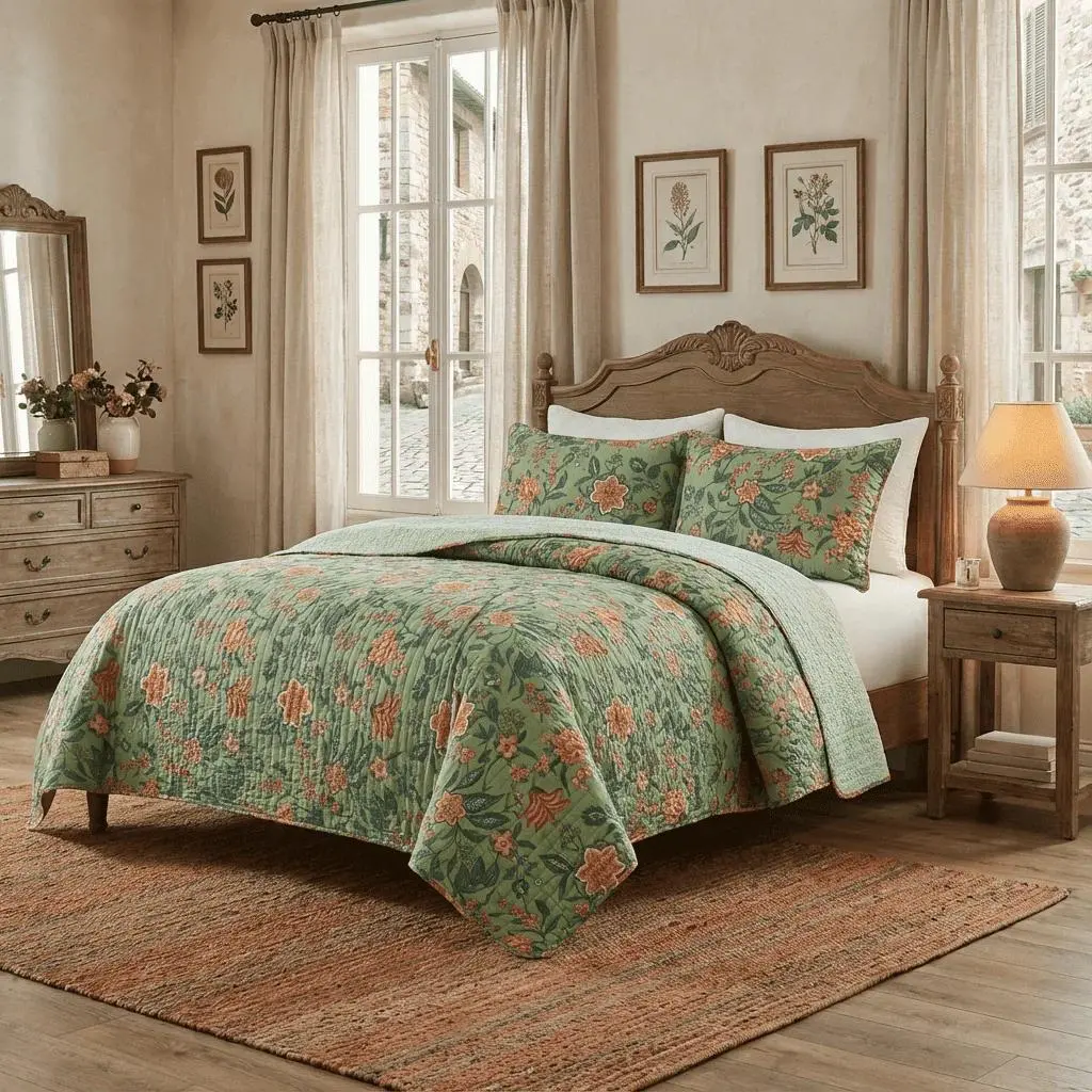 Green Patchwork Comforter Set King, Lightweight All Season Bedspread Quilt with Pillow Sham, Floral Boho Bedding, 70% Cotton Fill