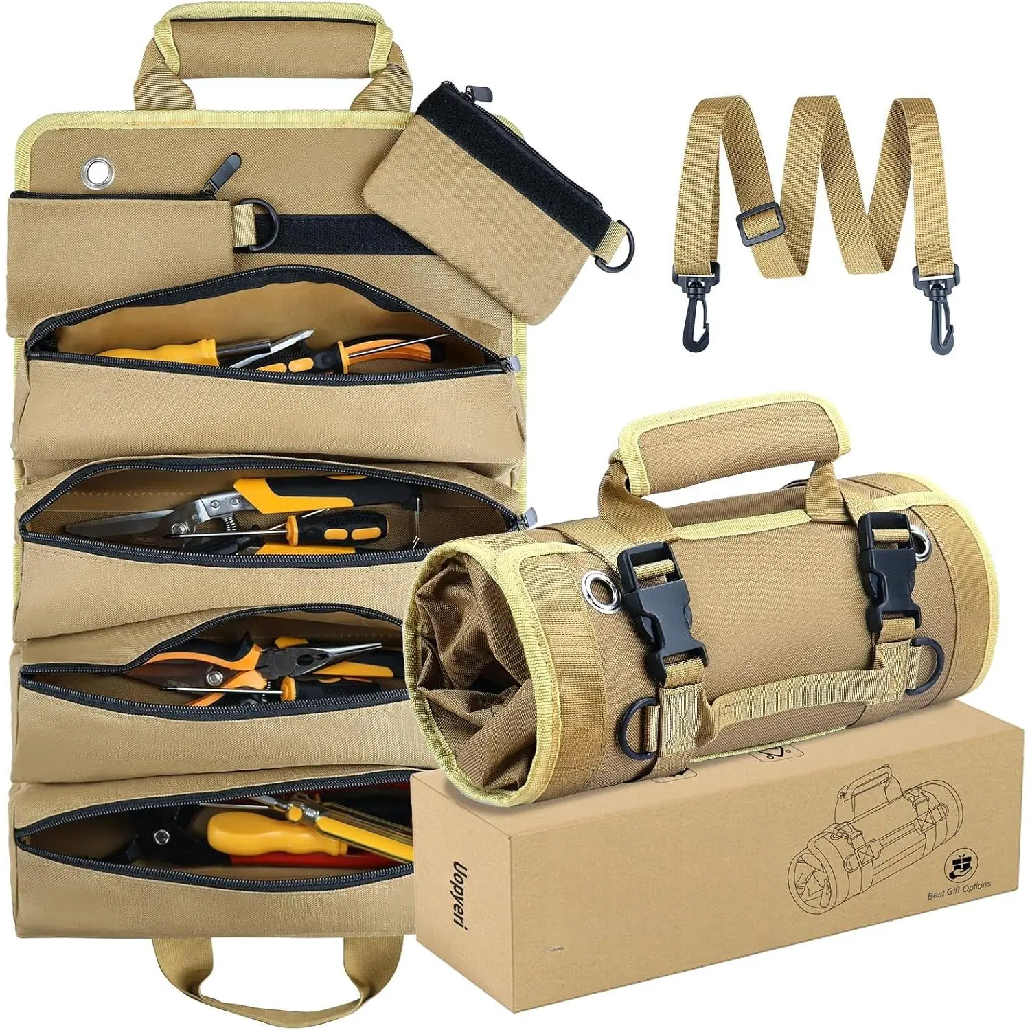 Roll Up Tool Bag, Heavy Duty Tool Organizer with 2 Detachable Pouches, Durable Tool Storage  Men, Women, Husband, Handyman, RV Owners, Khaki