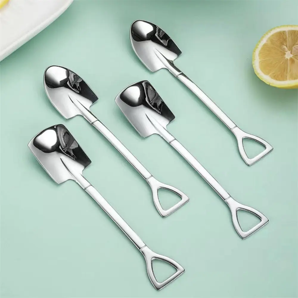 4 Pcs Set Shovel Spoons Set Stainless Steel Spade Shape Stirring Spoon Utensils for Dessert Coffee Yogurt Cake Fruit Ice Cream Stainless Steel Spoons