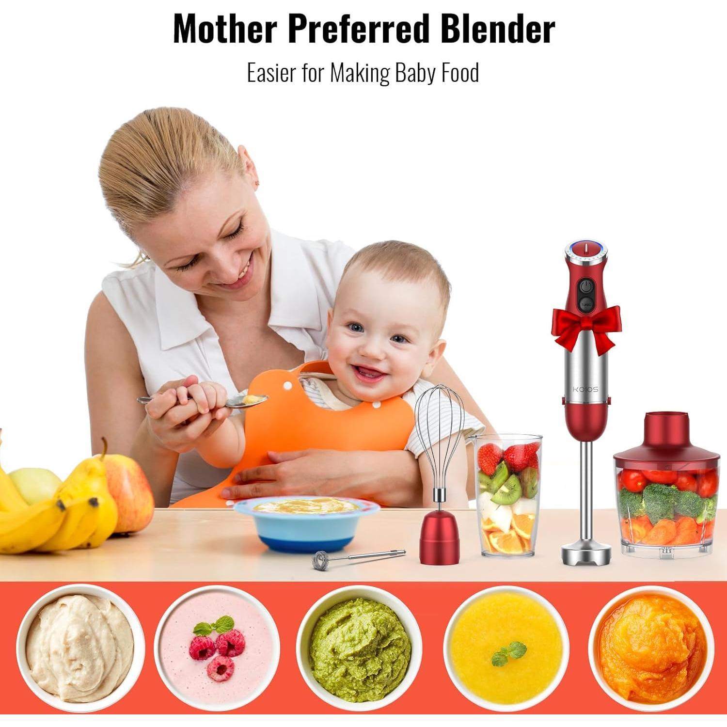 5-in-1 Hand Immersion Blender, 1000W 12 Speed Handheld Blender Stick with Copper  Stainless Steel , 600ml Mixing Beaker,500ml  Processor, Whisk, Milk Frother, Non-BPA, Red