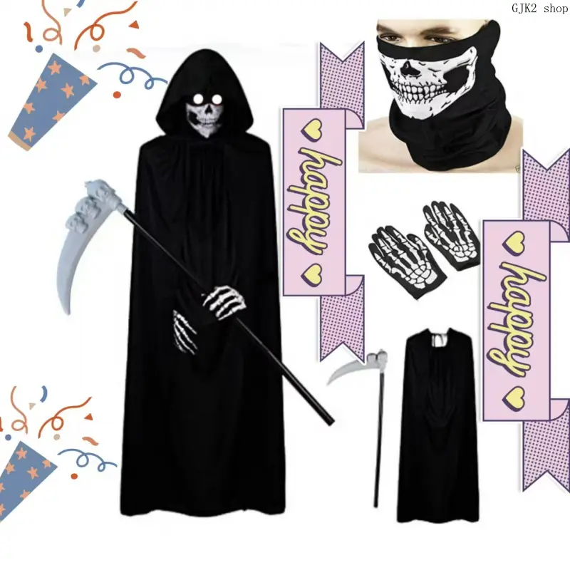 Grim Reaper Halloween Costume Set Black Hooded Robe Skeleton Mask Gloves Scythe Prop for Adult Kids Cosplay Haunted House Party Outfit