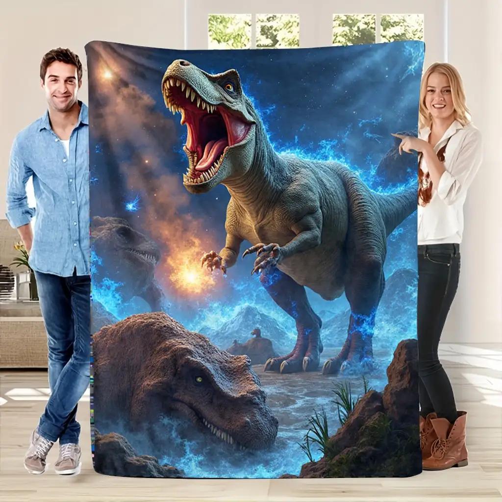 1pc Cozy 3D Dinosaur & T-Rex Blue Flame Print Blanket - Soft Flannel Fabric, Lightweight Warm Throw with T-Rex, Stegosaurus & Pterodactyls-like Dinosaurs for Bed, Sofa, Travel - Room Decor, Camping Gift & Adults, Throw Blanket, Blankets And Throws, Blanke