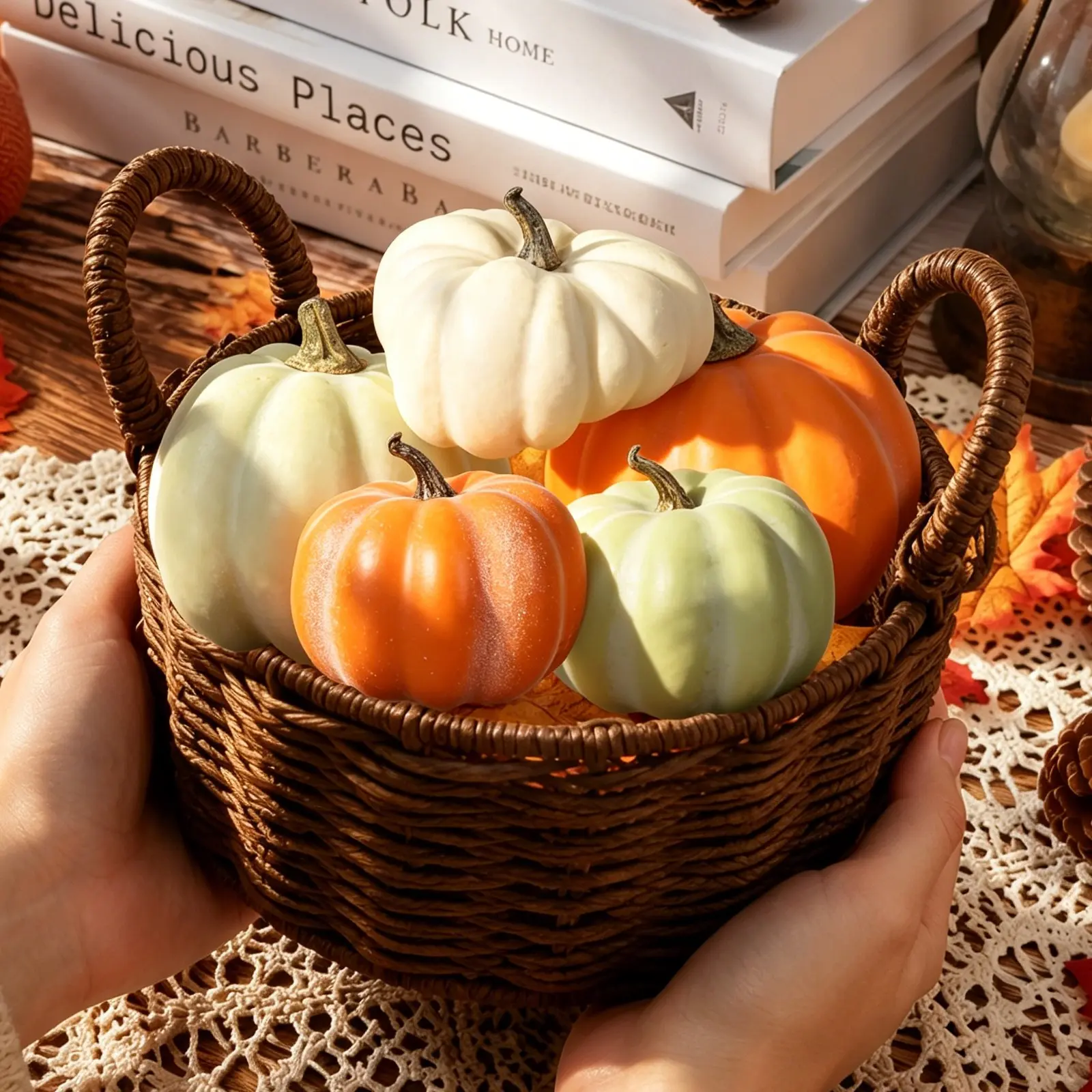5 Realistic Pumpkins, Fall Thanksgiving Halloween Decorative Decorations, Multi-Color Artificial Mini Pumpkins, Indoor Outdoor Table Centerpieces