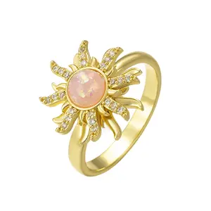Cross-Border Bestseller Rotatable Sunflower Ring for Women, Fresh Luxury Opal & Micro Pave Shiny Zircon Adjustable Open Band Anxiety Relief Floral Statement Jewelry