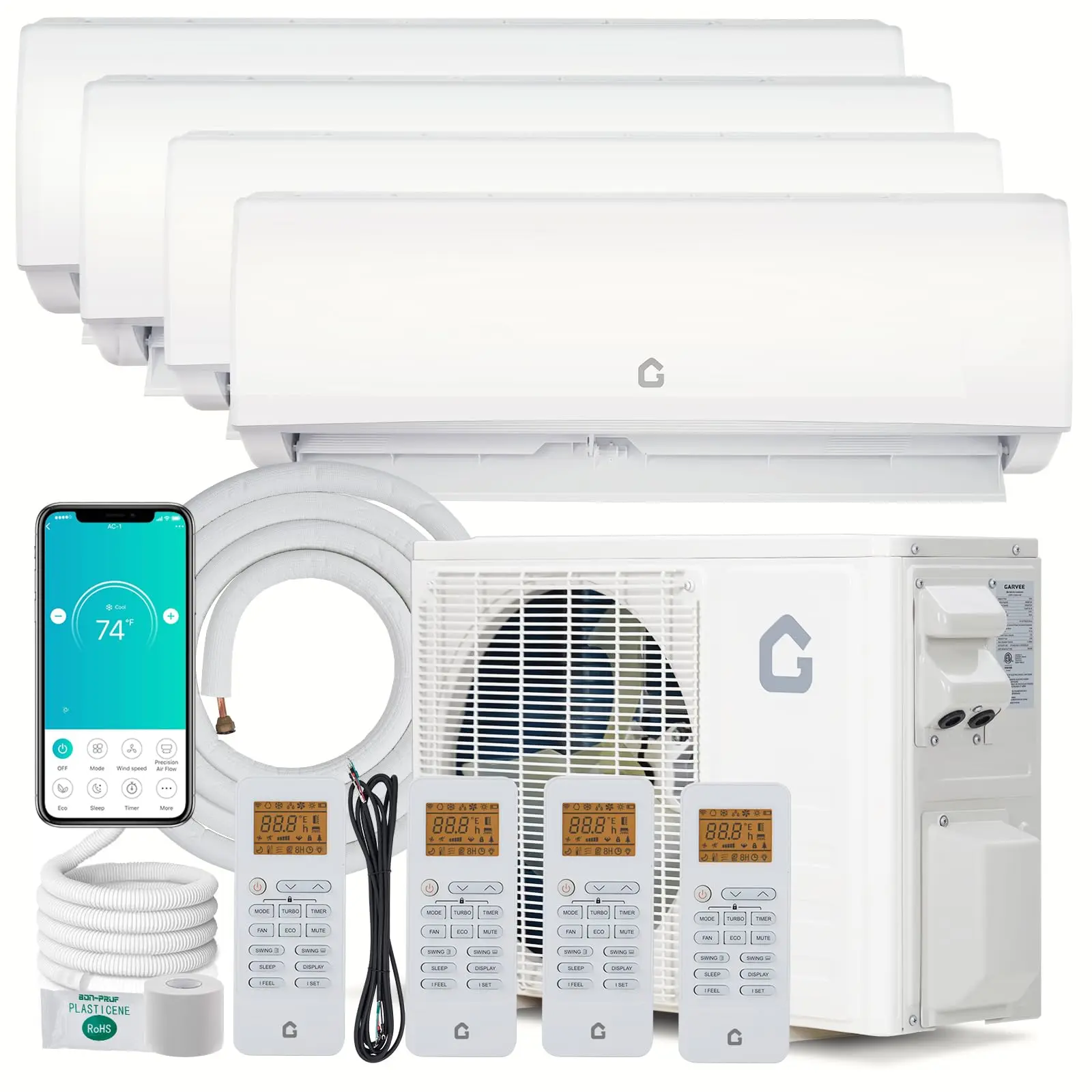 Garvee 4 Zone Mini Split AC/Heating System 35000 BTU (9K*3+18K), 19 SEER2 Dual Zone Ductless Wall Mounted Air Conditioner with Pre-Charged Condenser