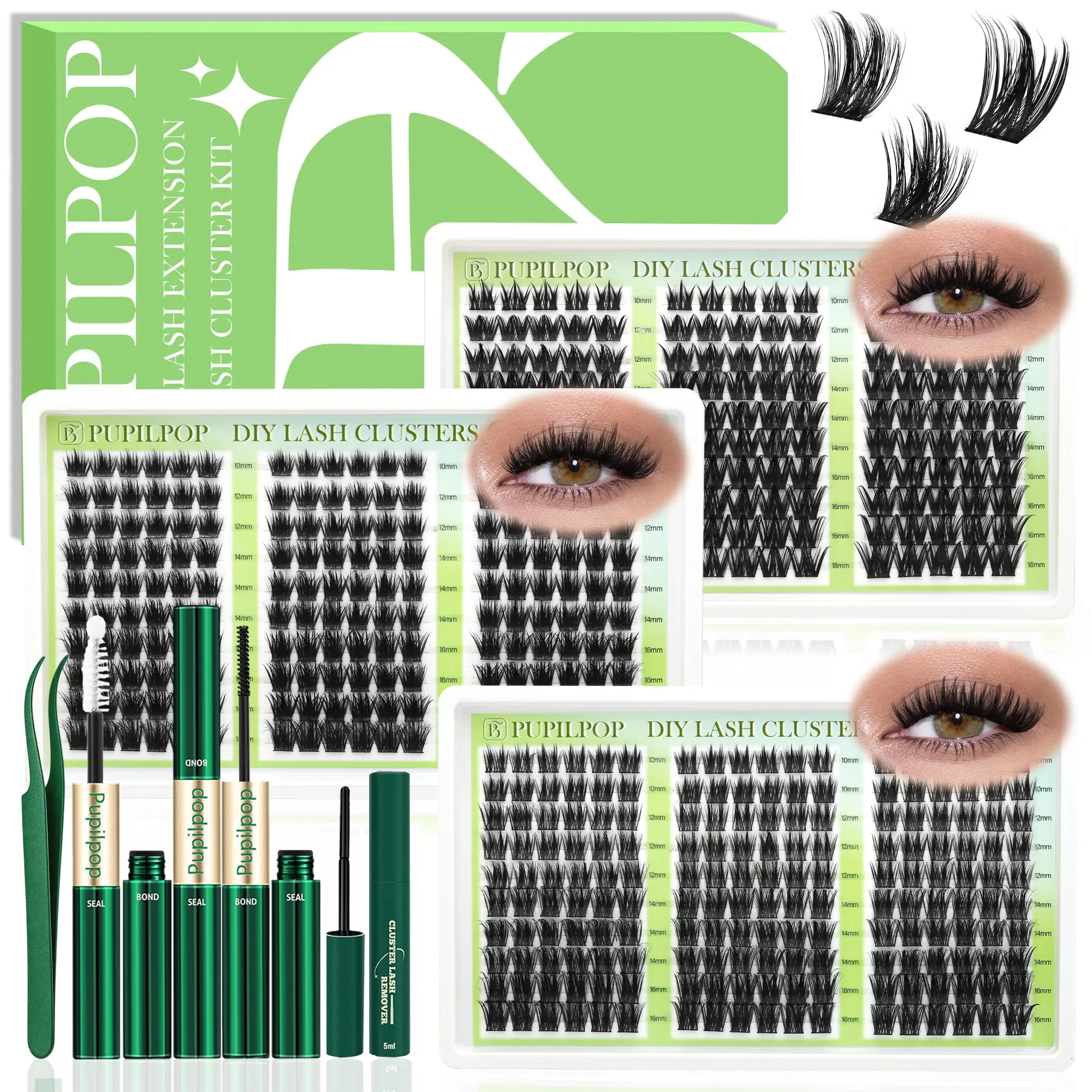 Pupilpop 540PCS 3 Styles Lash Clusters Kit, DIY Eyelash Extensions, D Curl Wispy Volume Cluster Lashes, 10-18mm Mixed Lengths, Fluffy Spiky Lashes, Voluminous false eyelashes, Bond & Seal, Remover, Tweezers, At Home Lash Extensions, Makeup, Holiday Party