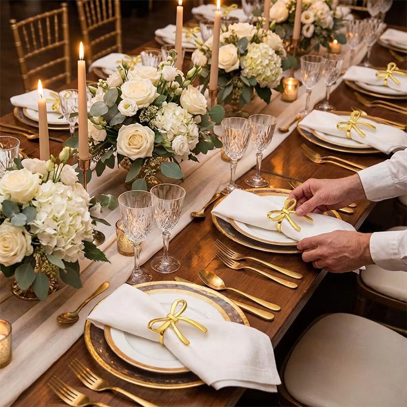 For Wedding, Dinner Party & Banquet Table Setting, Table Decoration Upgrade Solution, 12 Gold Bow Napkin Rings, Exquisite Table Decor Items, Effortlessly Create Upscale Banquet Atmosphere, Party Table Decor Supplies